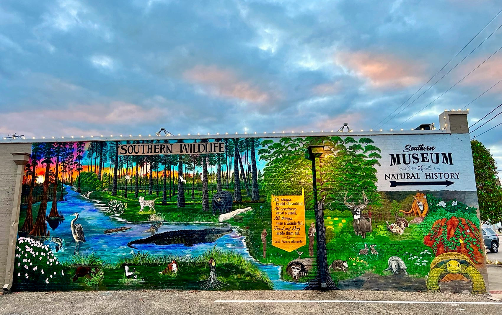The museum's Southern Wildlife mural on Second Street at sunset